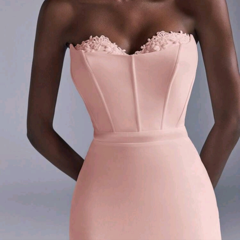 Elegant Lace Applique Slit Formfitting Maxi Dress With Extravagant Fish Tail Hem - Picture 2 of 4